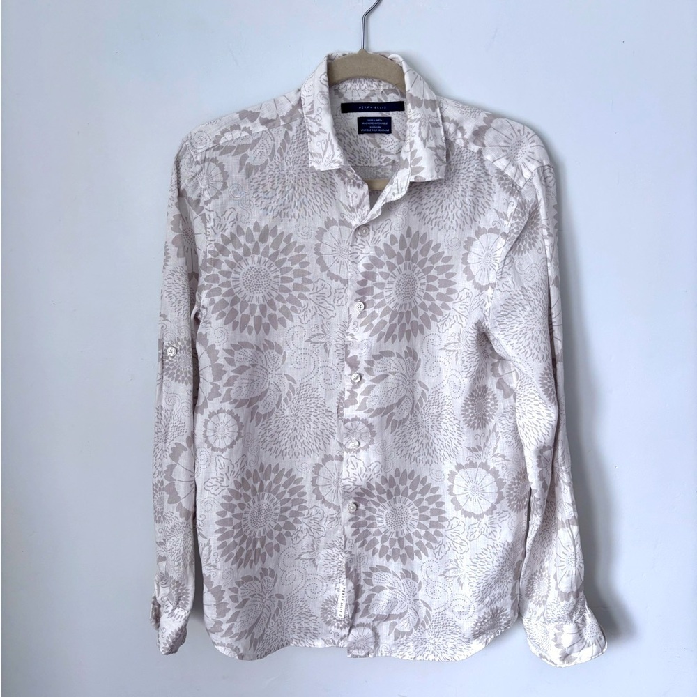 Perry Ellis 100%Linen Long Sleeve Floral Beige Button Down Shirt Size Small